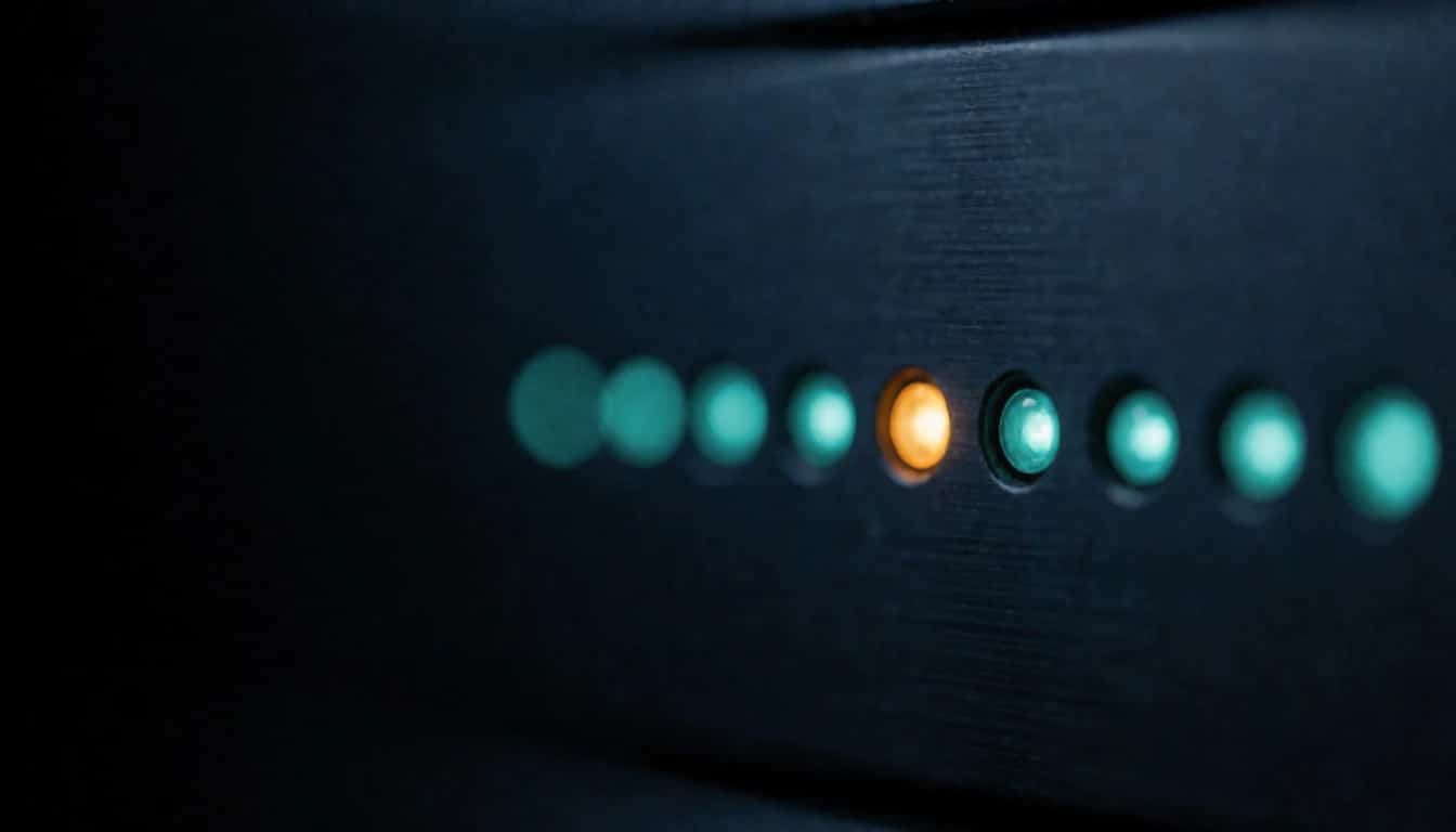 A row of teal status lights on a server panel, one glowing amber.