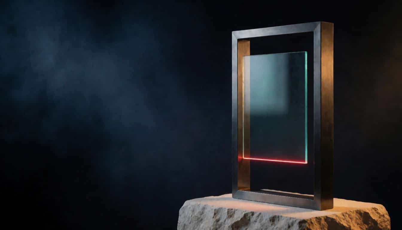 A clear glass sheet held in a dark metal frame on limestone, with a thin red line of light across its base.
