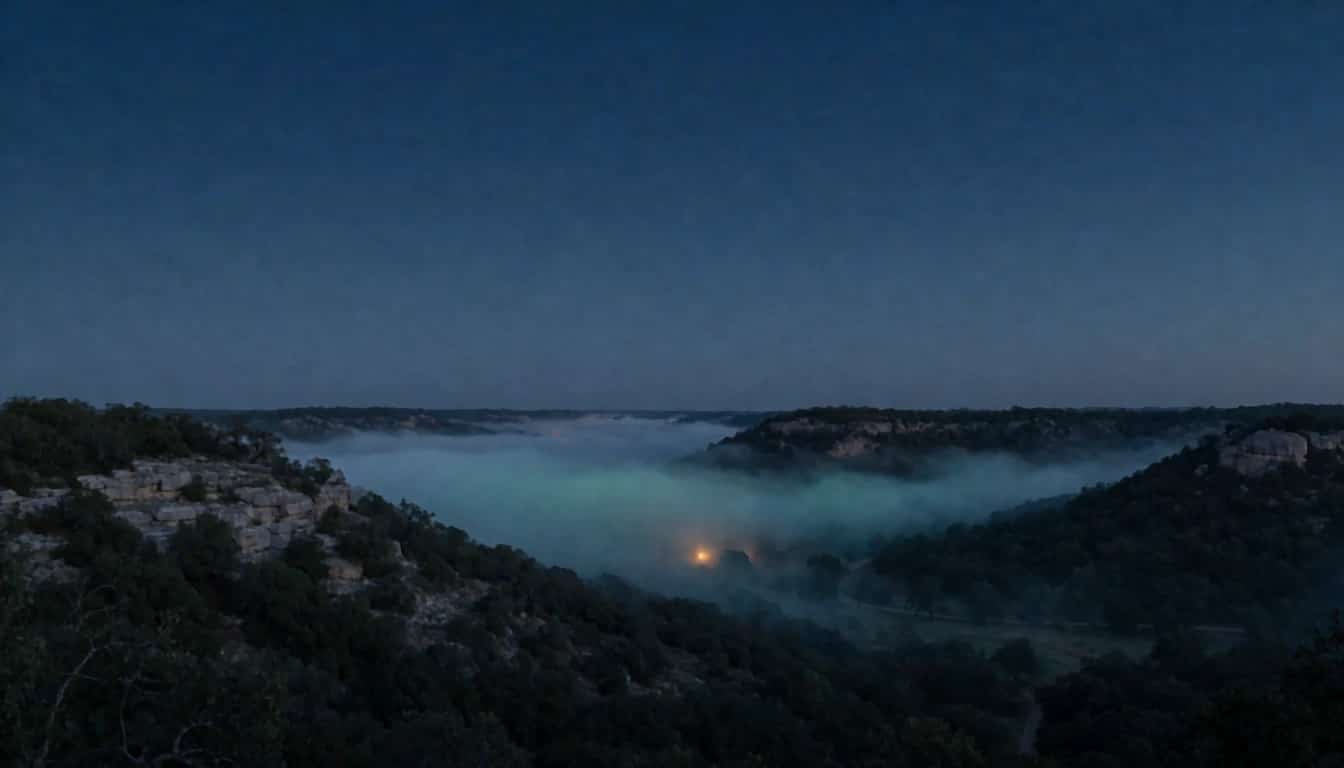 Low fog lying in valleys at blue hour, seen from a limestone ridge.