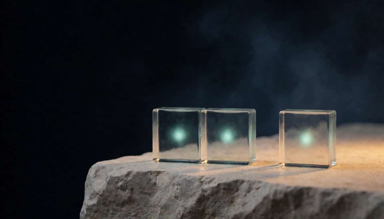 Three glass blocks on a limestone ledge, each holding the same teal glow, the third set apart.