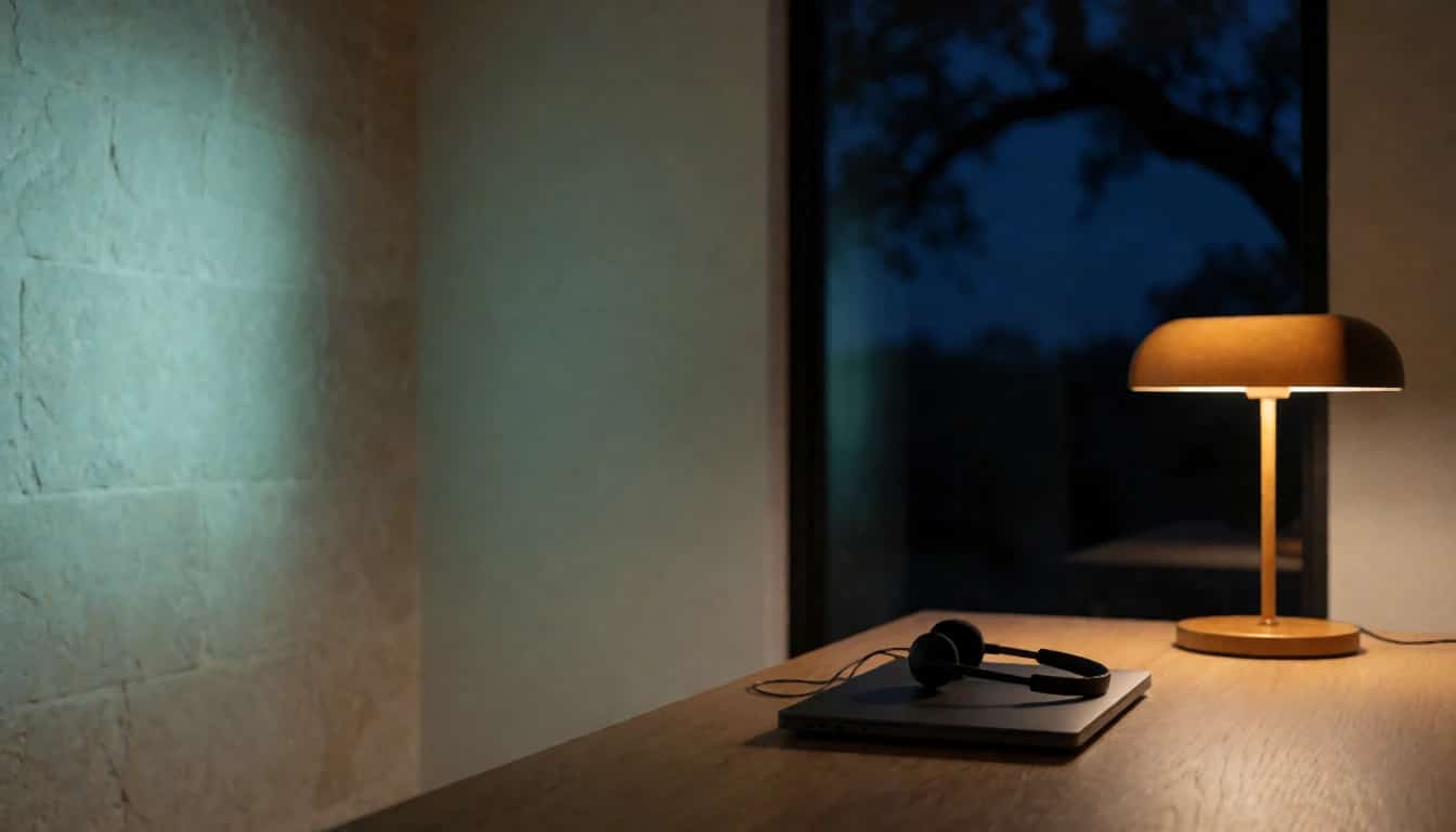 A headset resting on a laptop beside a lamp and a window onto live oaks at dusk.