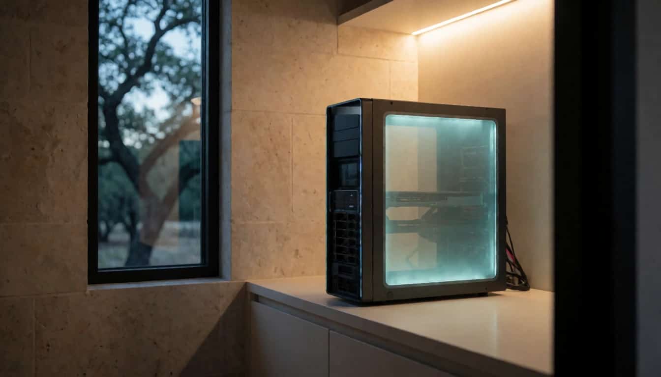 A GPU server glowing on a shelf beside a limestone wall and a window onto live oaks at dusk.