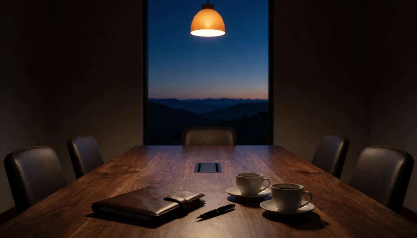 An empty walnut conference table with a folio, a pen and coffee cups, and layered ridges through the window at dusk.